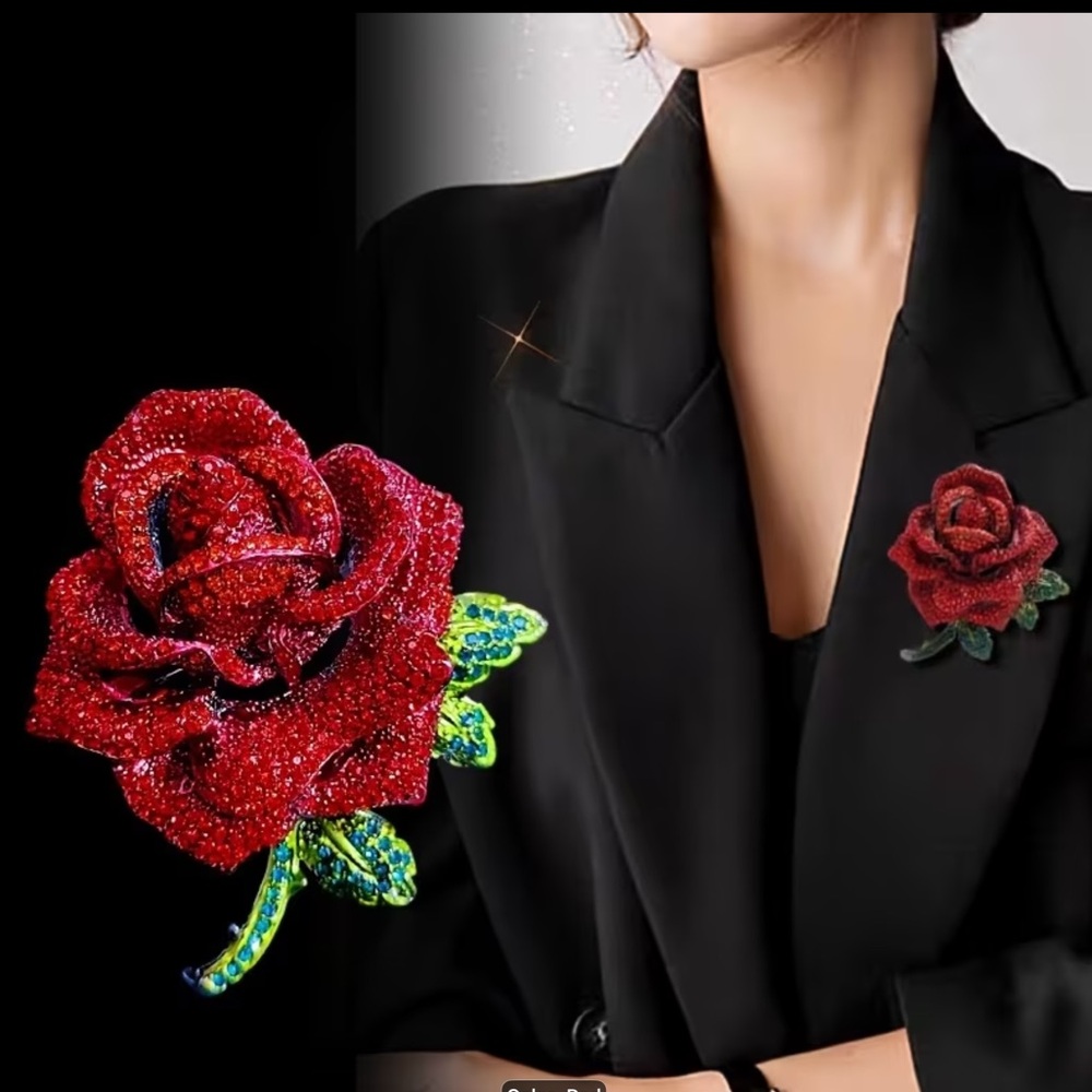 Red Rose Bejeweled Brooch Pin - Elegant Floral Jewelry